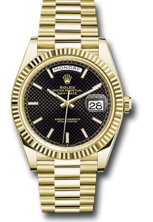 Replica Rolex Yellow Gold Day-Date 40 Watch 228238 Fluted Bezel Black Diagonal Motif Index Dial President Bracelet